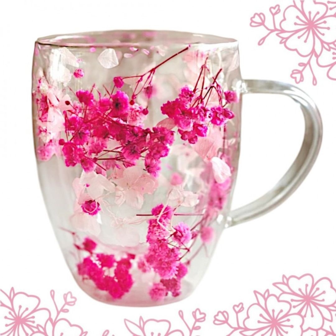 Cană cu flori uscate gypsophila roz, pereți dubli, sticlă…