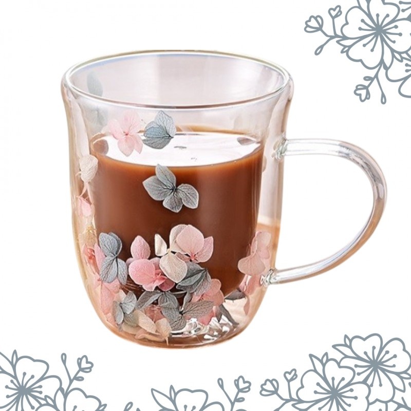 Cană cu flori uscate, pereți dubli, sticlă borosilicată, izolare…