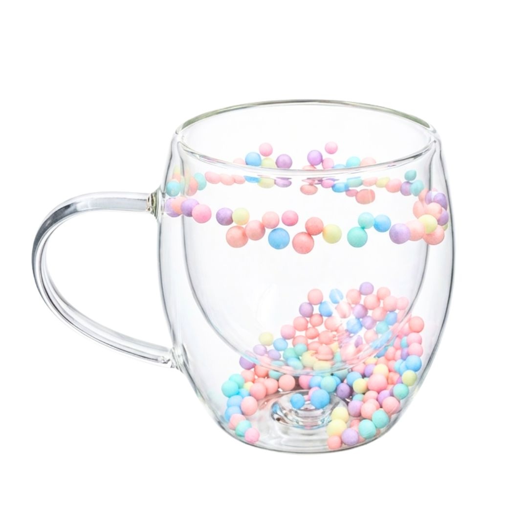 Cană cu inserție de biluțe colorate pastel, pereți dubli, sticlă borosilicată, 250 ml, Aurora Bloom
