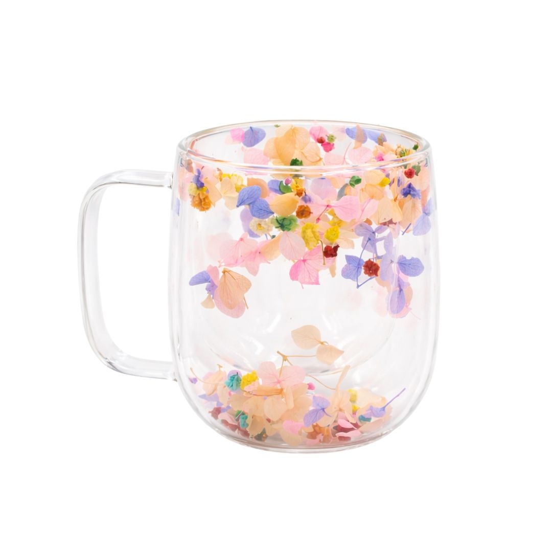Cană cu inserție de flori uscate, hortensie culori pastel, pereți dubli, sticlă borosilicată, 250 ml, Aurora Bloom