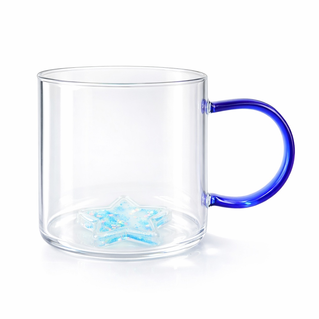 Cană cu model 3D steluță albastră, pereți dubli, sticlă borosilicată și inserție de sclipici, 300 ml, Aurora Glow