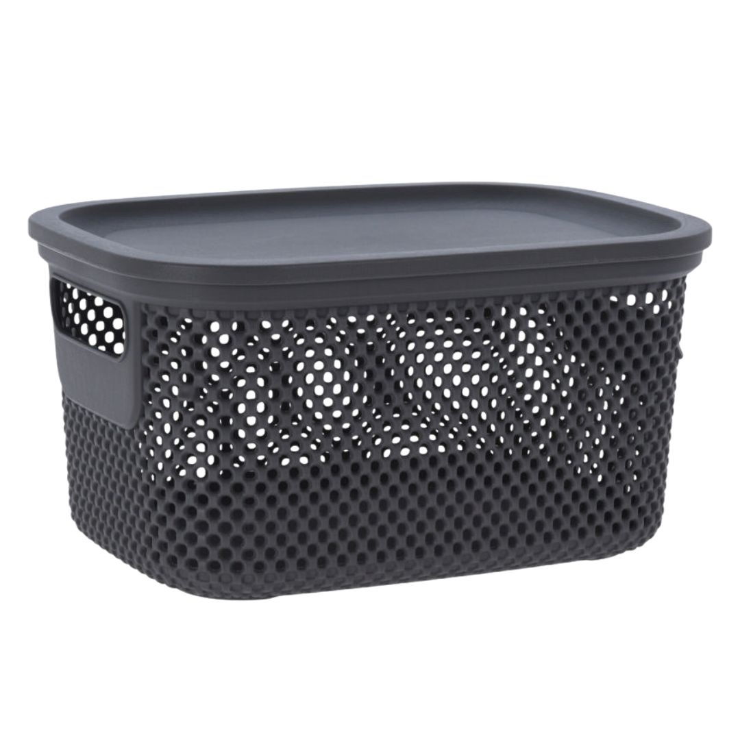 Coș depozitare cu capac, 3.5 L, din plastic perforat, Storage Solutions, gri