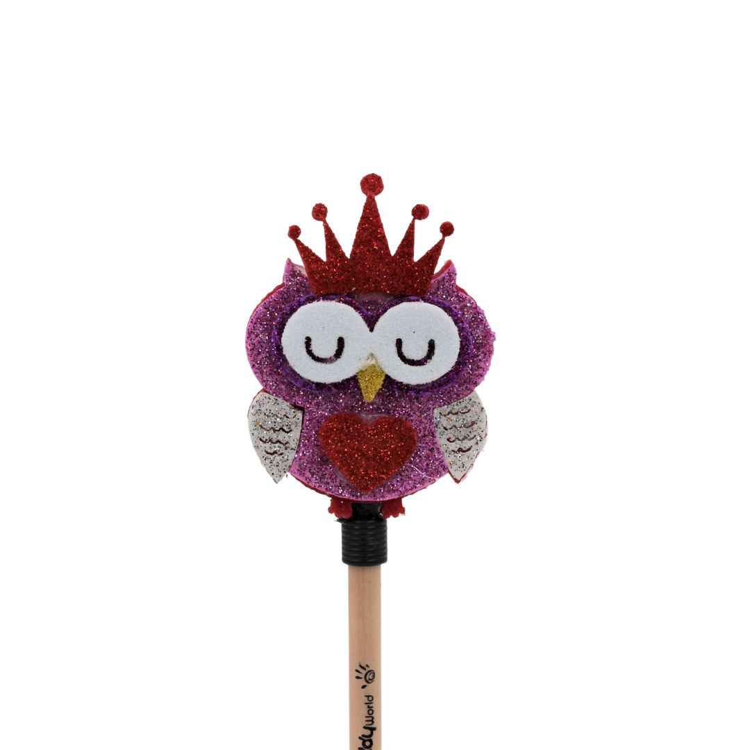 Creion figurină Bufniță roz coroană roșie 25cm