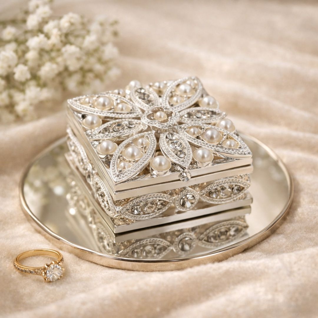 Cutie Bijuterii Pătrată 5x5 cm cu Flori, Perle și Strasuri AZAY – Casetă Bijuterii Elegantă, Cutie Inel, Cutie Cadou Femei cu Ambalaj Premium