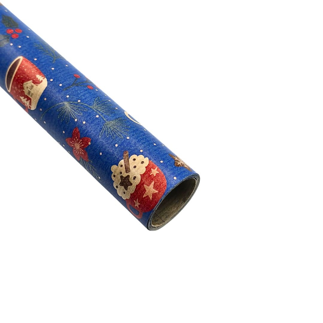Hârtie kraft pentru ambalat cadouri, decor albastru cu căni de Crăciun, 200x70 cm