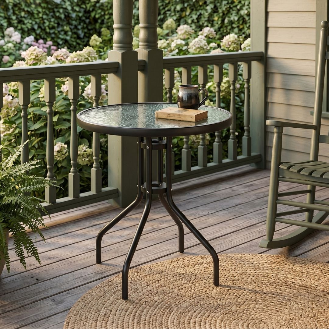Masă rotundă Jumi, cu blat din sticlă, pentru curte, gradină, terasă sau balcon, diametru 60 cm
