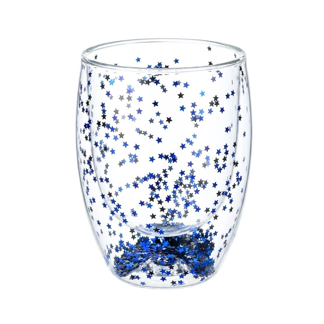 Pahar cu inserție de confetti steluțe albastre și negre, pereți dubli, sticlă borosilicată, 300 ml, Aurora Glow