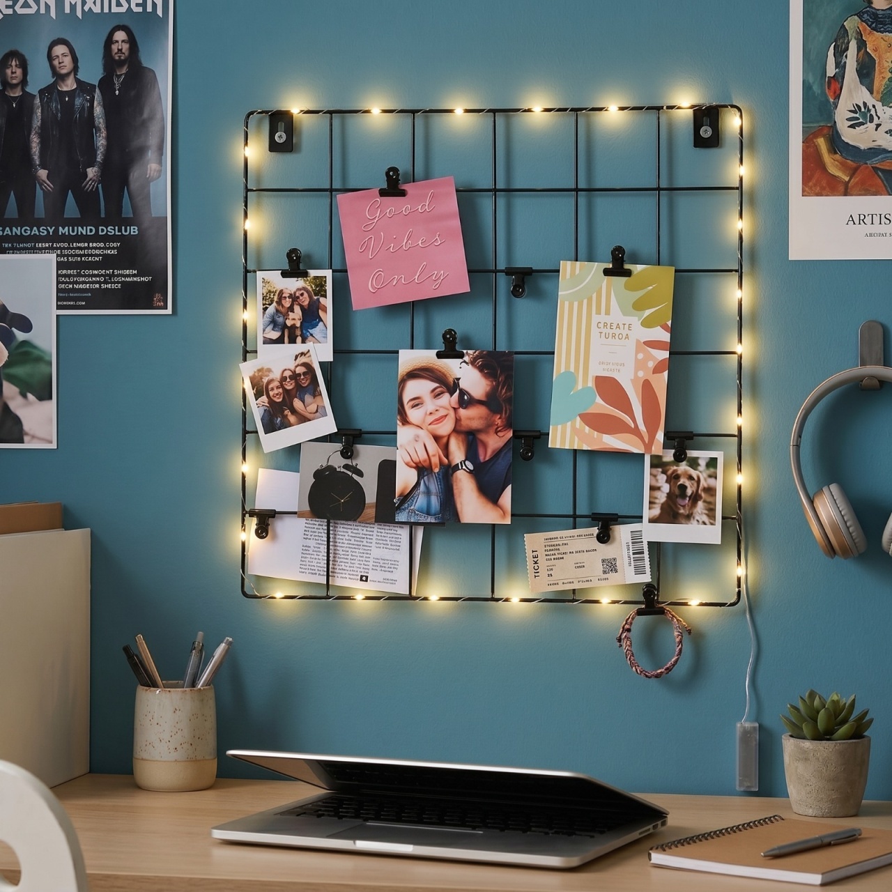 Panou decorativ, metalic, pentru perete, cu cleme și lumini LED, 36x36 cm