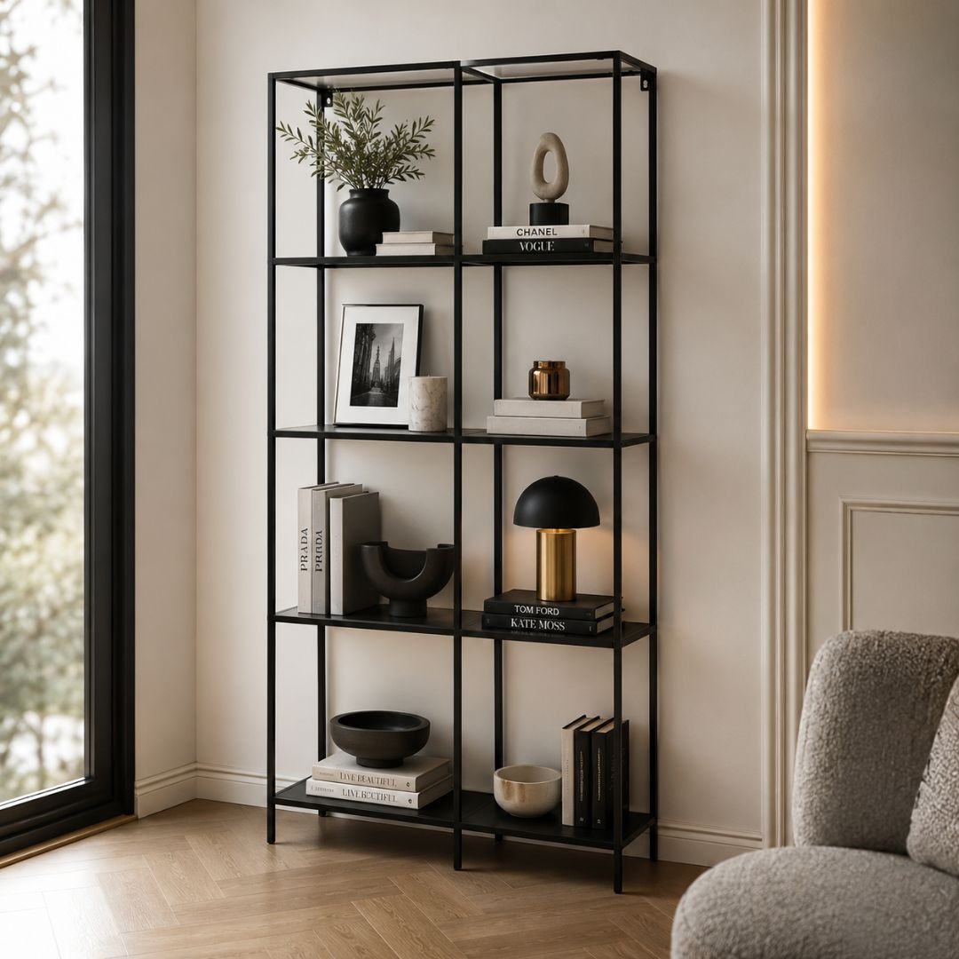 Raft cu 5 polițe, metal și MDF, maro/negru, 78 x 30 x 170 cm
