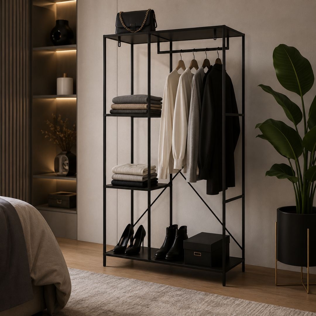 Raft elegant pentru haine cu polițe și bară pentru umerașe, design modern industrial, negru, 90 x 40 x 166.5 cm