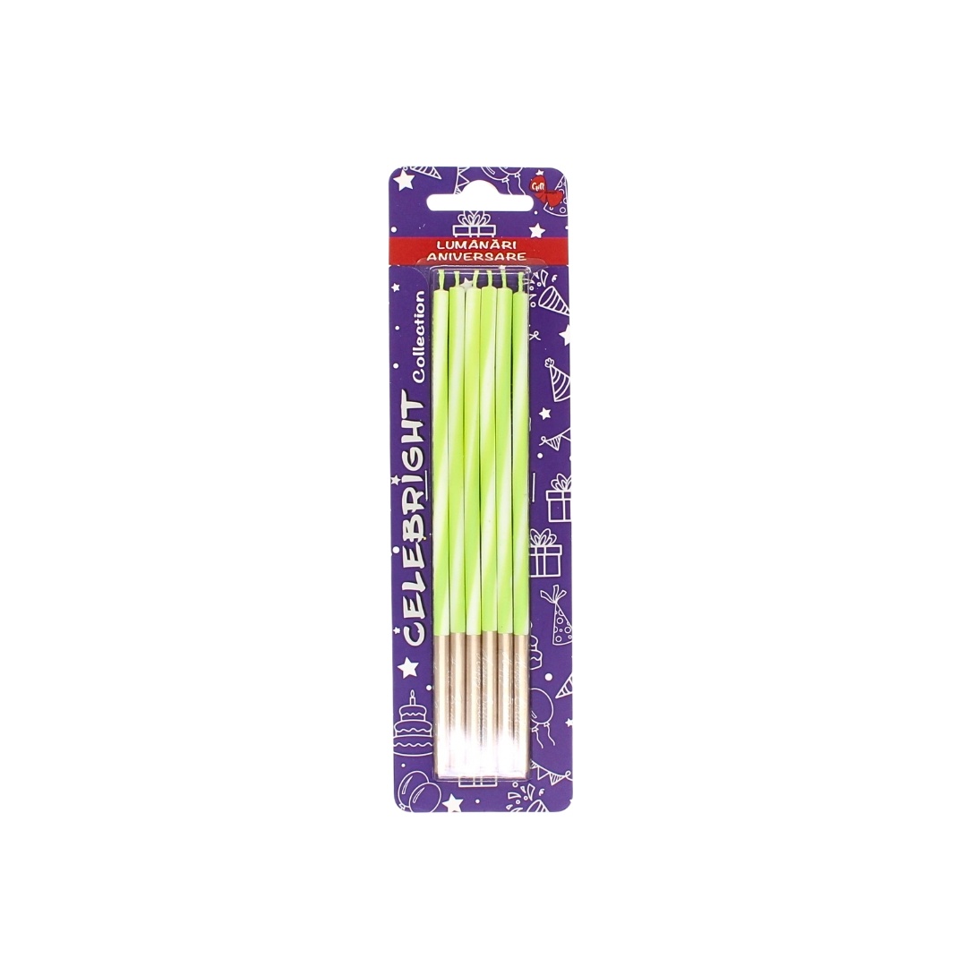 Set 6 lumânări pentru tort, Celebright, alb-verde, bază aurie, 15 cm