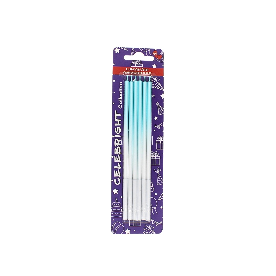 Set 6 lumânări pentru tort, Celebright, bleu degrade, bază albă, 15 cm