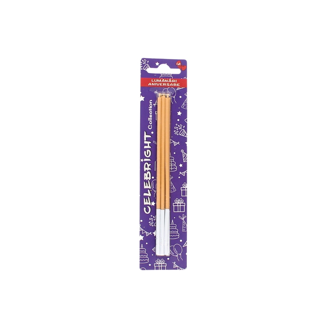 Set 6 lumânări pentru tort, Celebright, caramel cu sclipici, bază albă, 15 cm