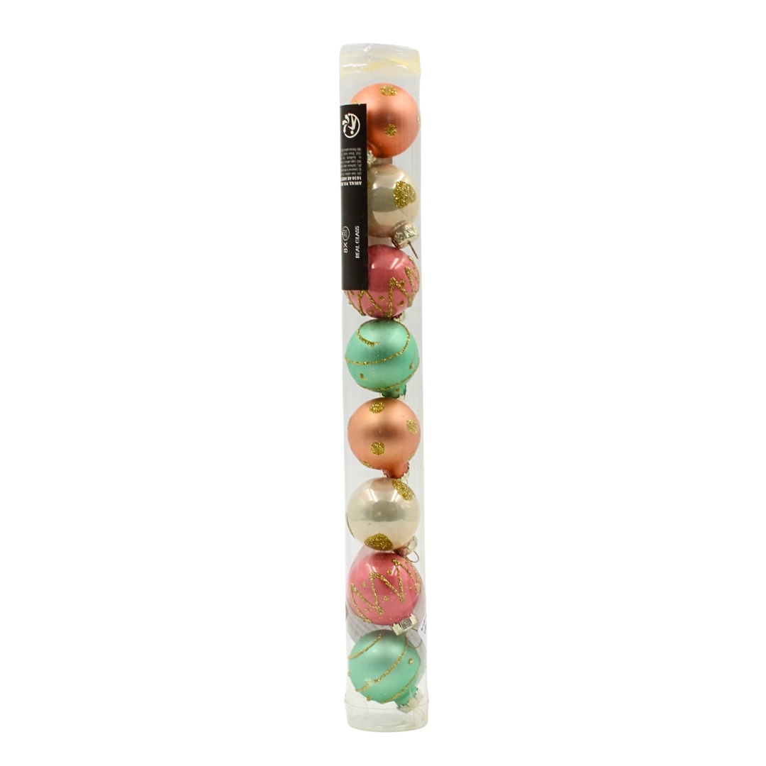 Set 8 globuri din sticlă, roz–turcoaz–alb sidef, diametru 3 cm