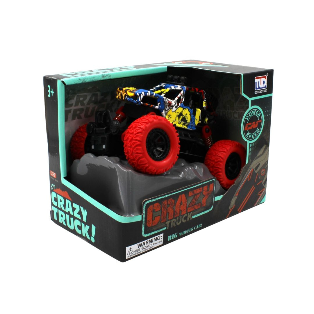Camion Monster Truck, Dinozaur Galben, Roti Roșii, Mecanism Pull-Back, 15 cm, Design Aventuros
