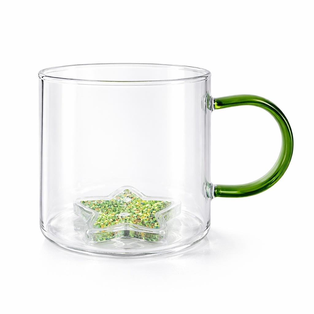 Cană cu model 3D steluță verde, pereți dubli, sticlă borosilicată și inserție de sclipici, 300 ml, Aurora Glow