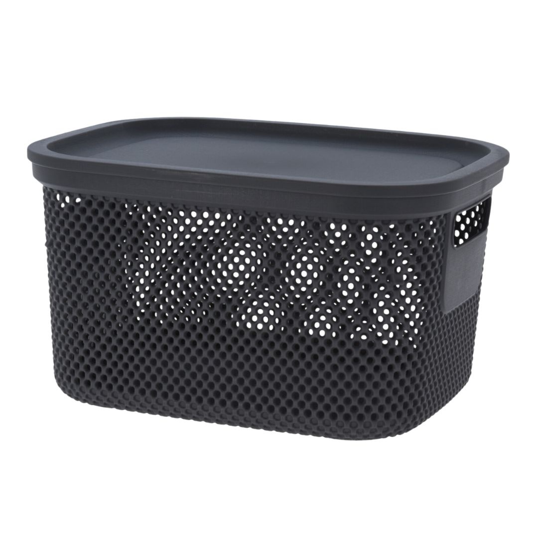 Coș depozitare cu capac, 6 L, din plastic perforat, Storage Solutions, gri închis