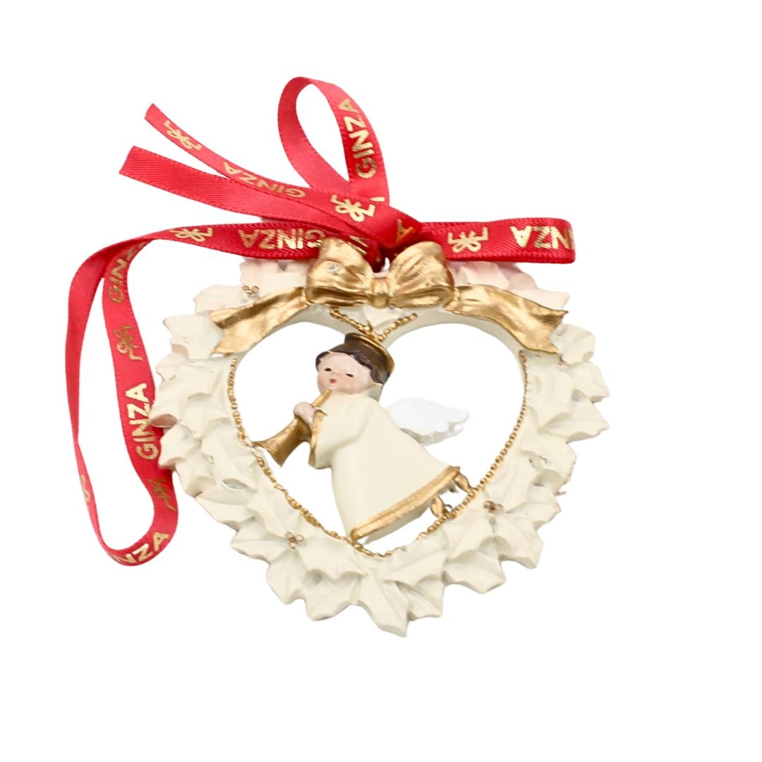 Decorațiune Ginza, Regatul de Crăciun, Royal, model inimioară albă cu îngeraș, 7 cm