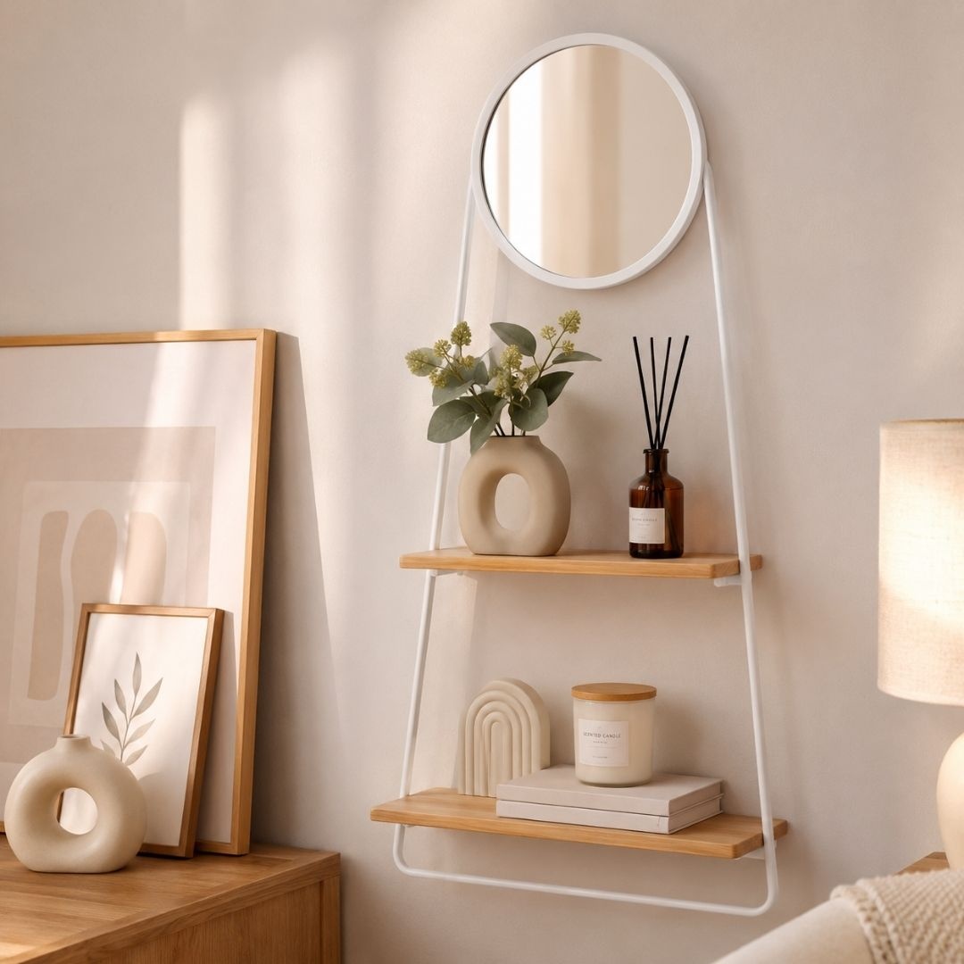 Etajeră decorativă cu oglindă rotundă și suport metalic alb, 60 cm