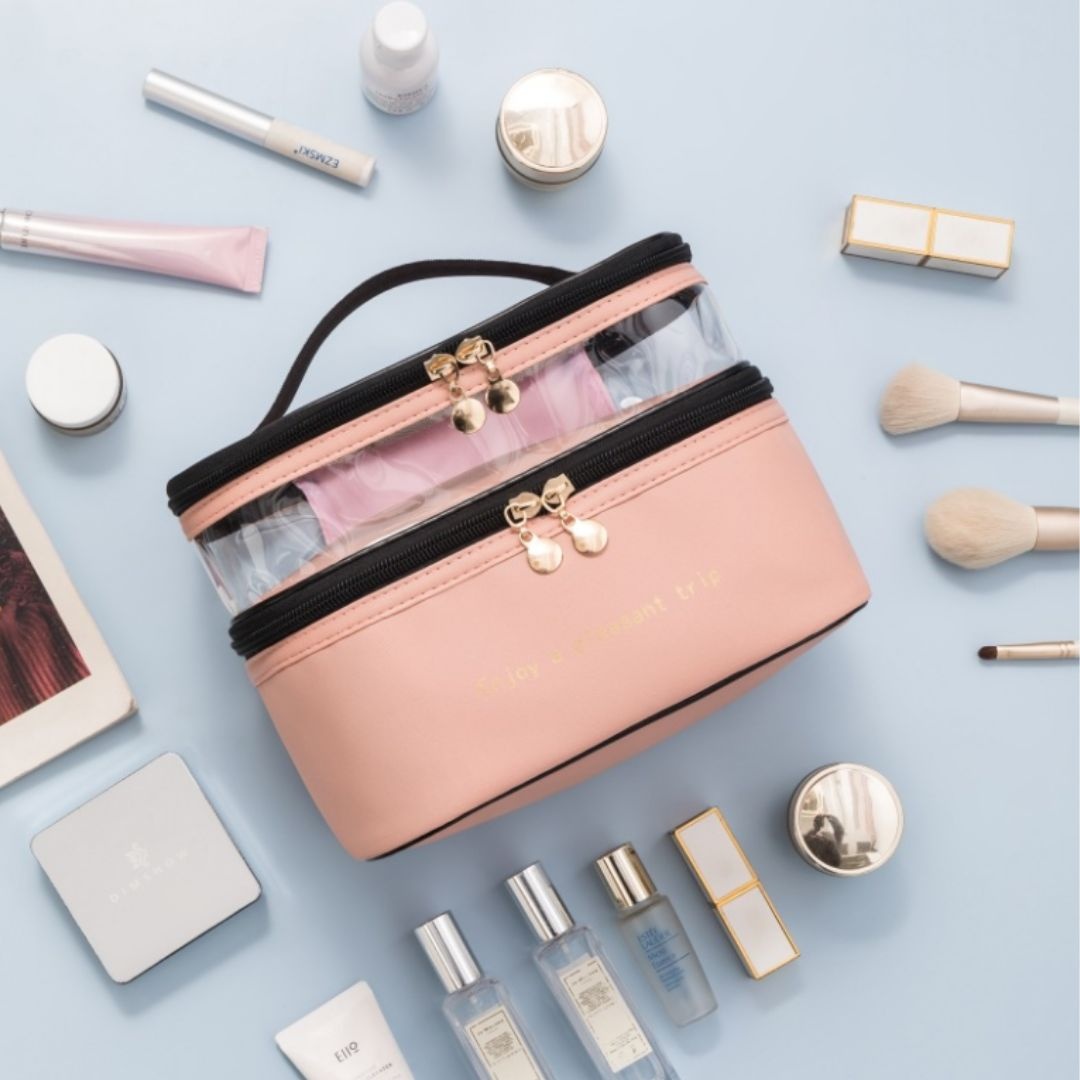 Geantă pentru cosmetice, pliabilă, cu două compartimente, roz,…