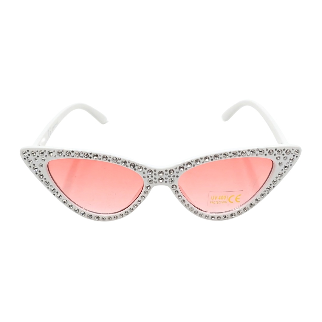 Ochelari de soare, damă, Tiara, albi cu cristale, ramă cat-eye, lentile roz, protecție UV 400