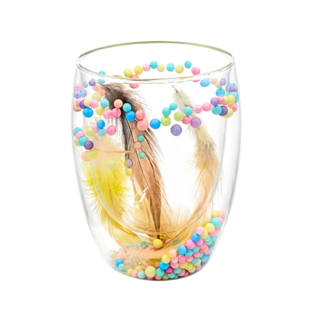 Pahar cu inserție de pene și biluțe colorate pastel, pereți dubli, sticlă borosilicată, 300 ml, Aurora Bloom