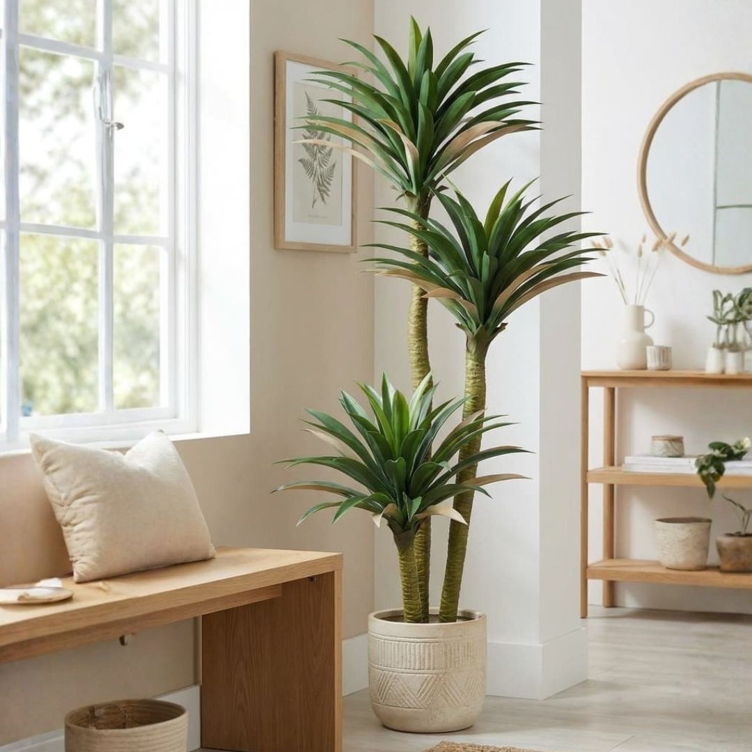 Plantă artificială Yucca 160 cm, cu frunze verzi, lungi și ascuțite, cu detalii realiste, pentru interior, ghiveci negru inclus