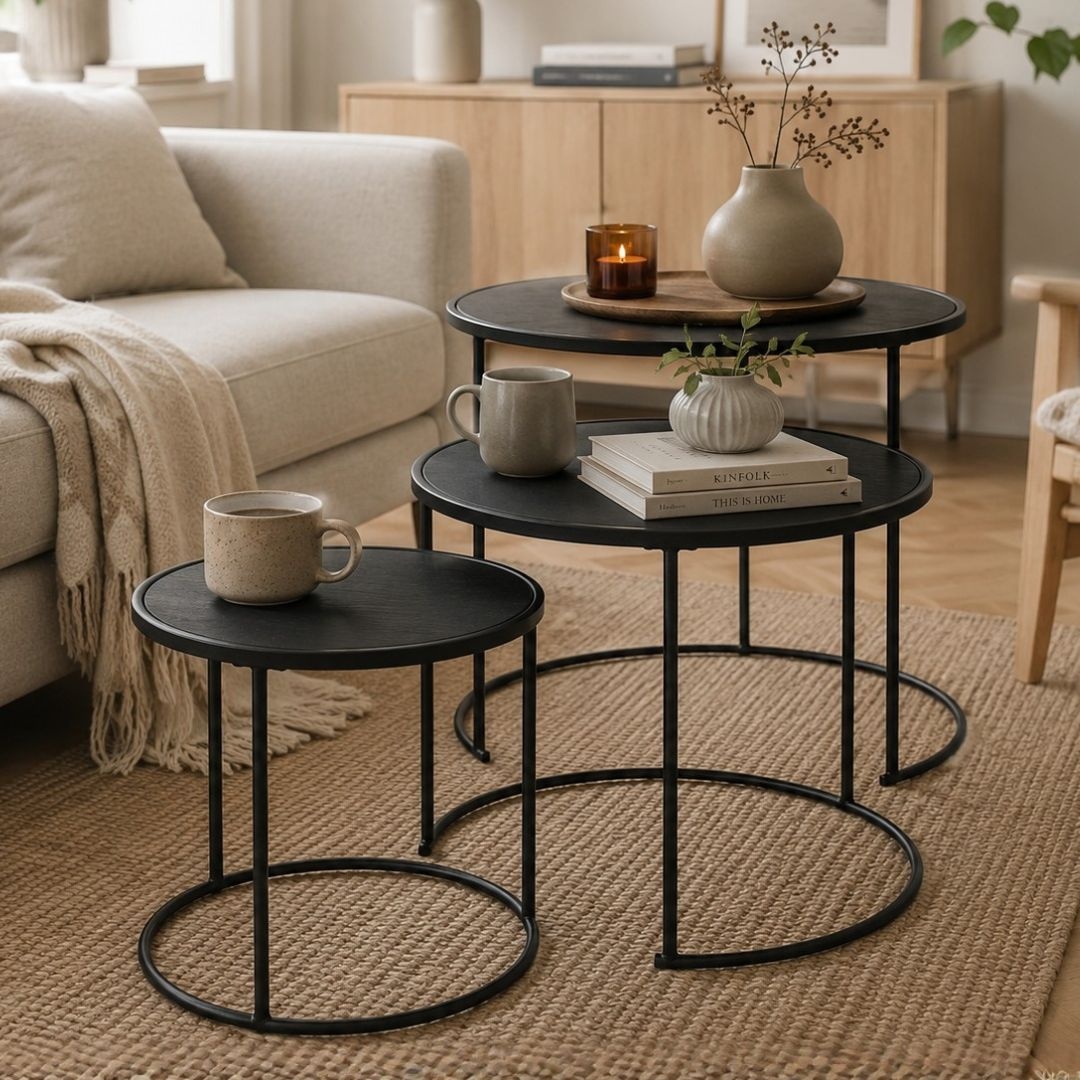 Set 3 măsuțe de cafea,rotunde, negre, 55/45/35 cm, design modern industrial, blat MDF și structură metalică