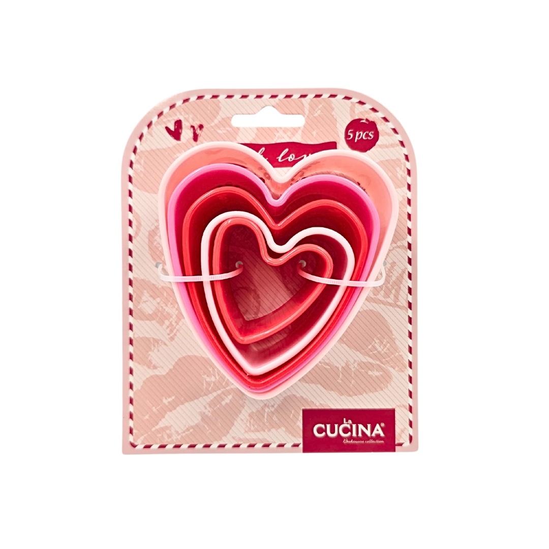 Set 5 forme, inimioare, pentru prăjituri, culoarea roz, diferite mărimi