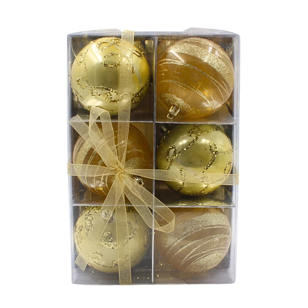 Set 6 globuri, de Crăciun, aurii cu sclipici, 8 cm