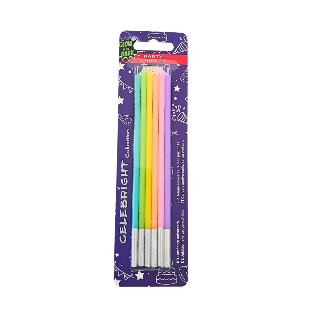 Set 6 lumânări drepte, pentru tort, fosforescent, multicolor, Celebright, 15.5 cm