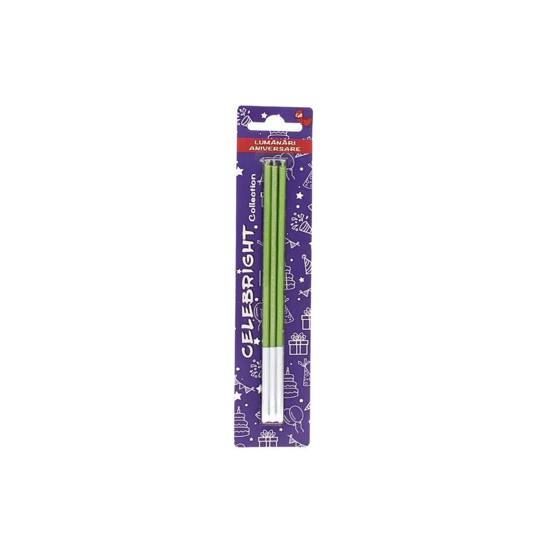 Set 6 lumânări pentru tort, Celebright, verde cu sclipici, bază albă, 15 cm