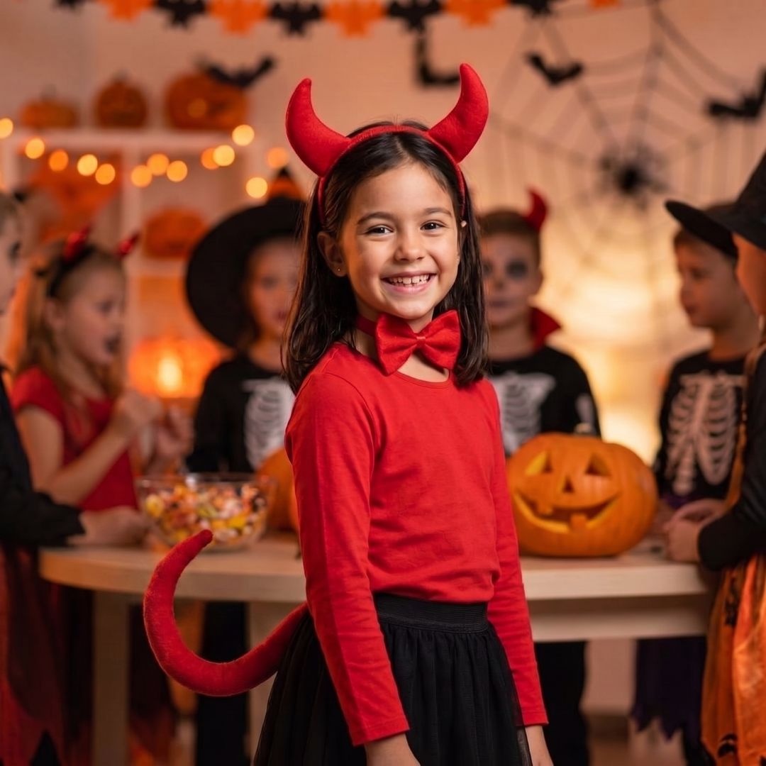 Set diavoliță, 3 piese – coarne, papion și coadă roșie, din pluș – accesorii petrecere Halloween, carnaval, party