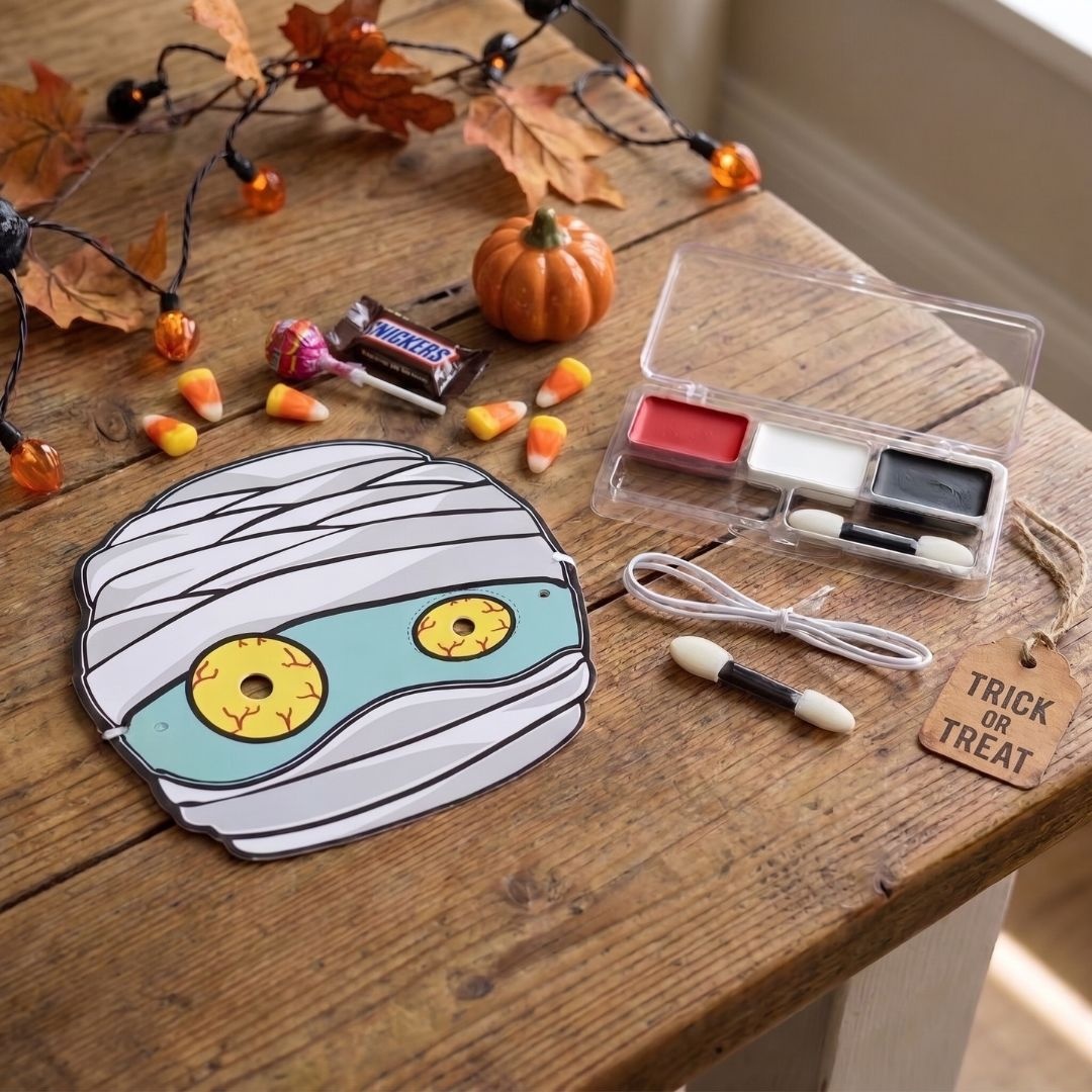 Set machiaj și mască de hârtie Goodmark – 3 culori (roșu, alb, negru), 3×1 g + aplicator, pentru copii, dermatologic testat – ideal pentru Halloween
