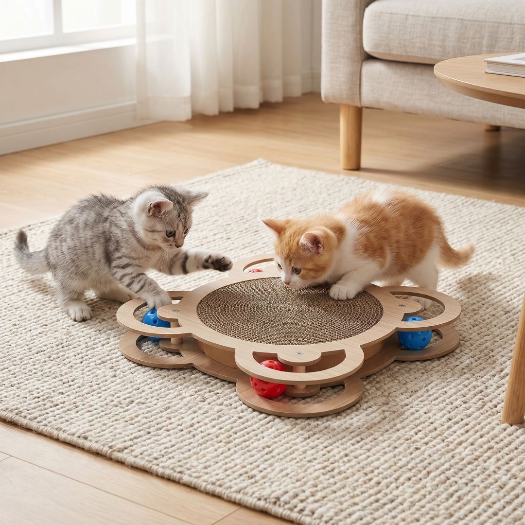 Sisal pentru pisici, cu 4 biluțe, formă floricică, 35.5x35.5x5 cm, colecția Cats