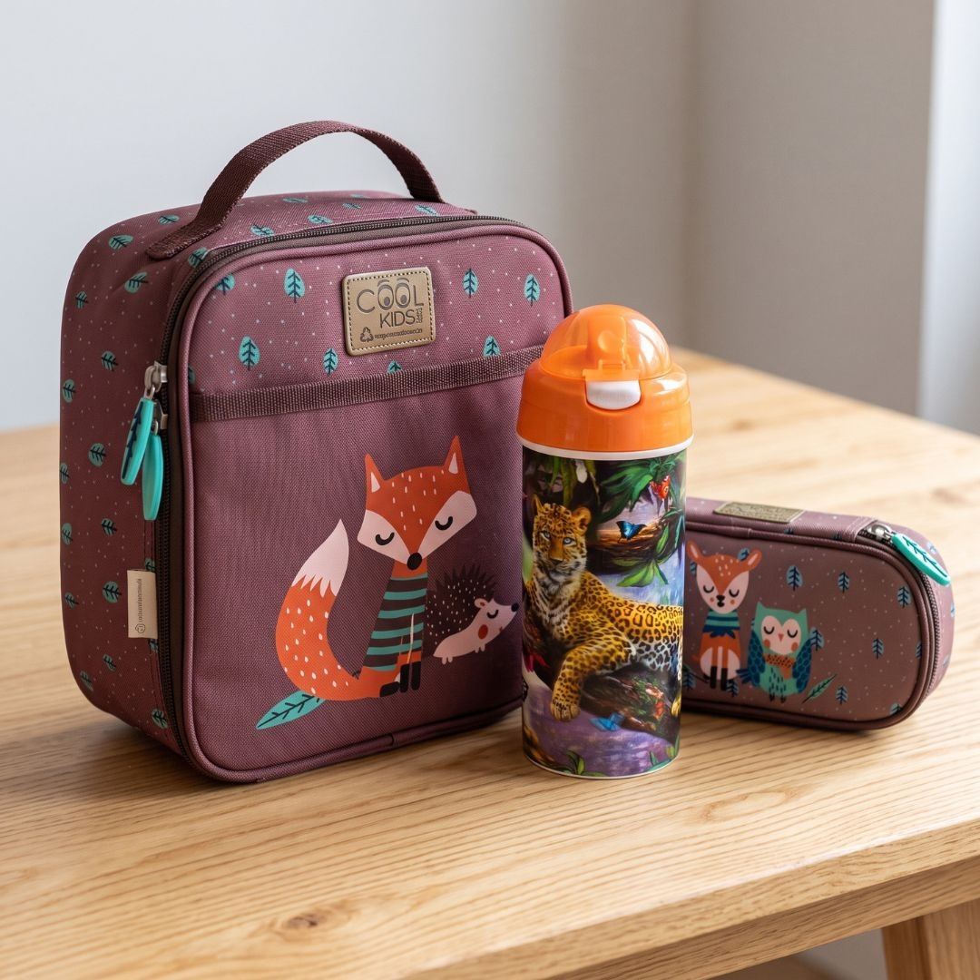 🦊 Pachet „Lunch Time – Forest Friends” 🦉 | Geantă termică, penar și sticlă de apă