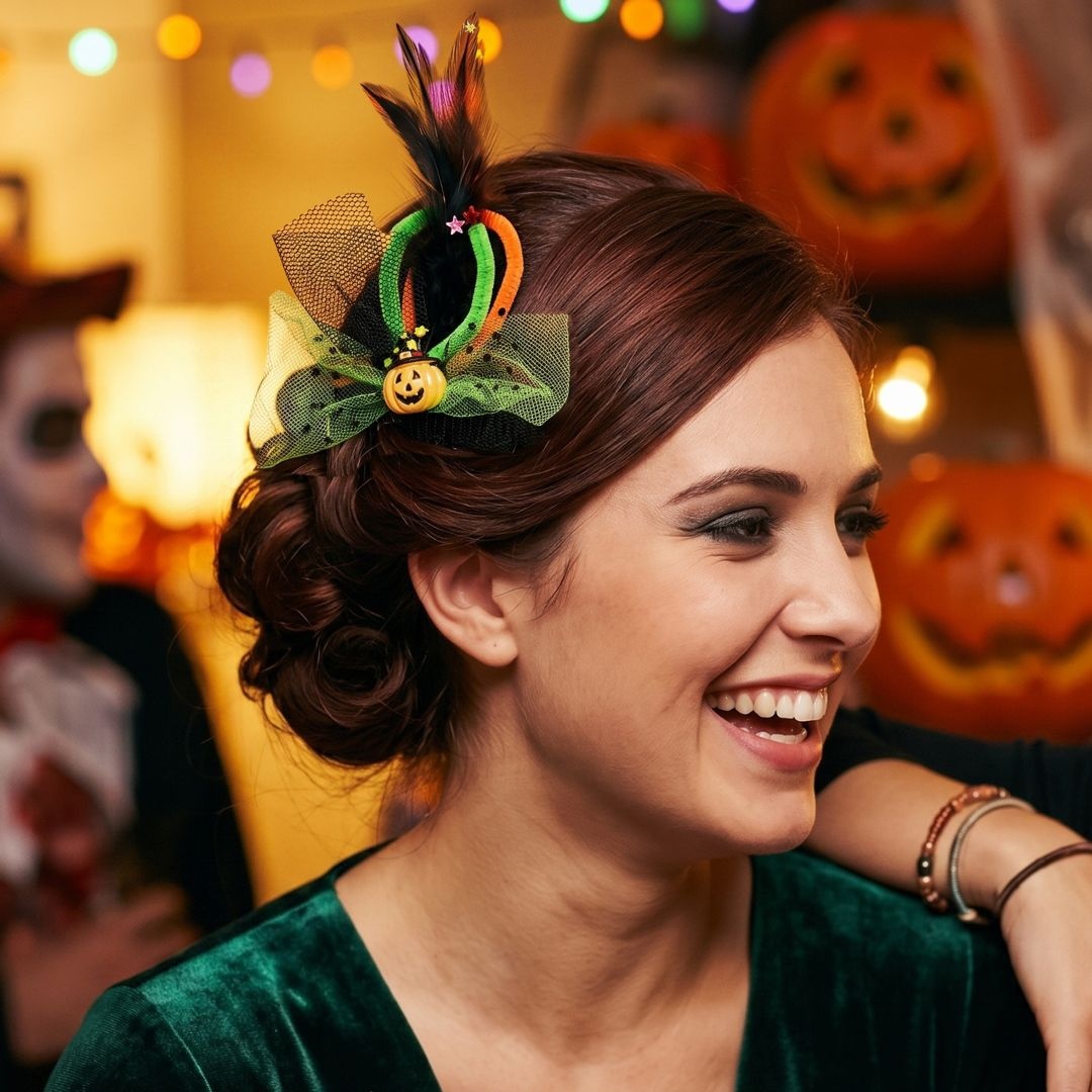 Agrafă pentru Halloween, model dovleac cu fundiță verde, 8 cm
