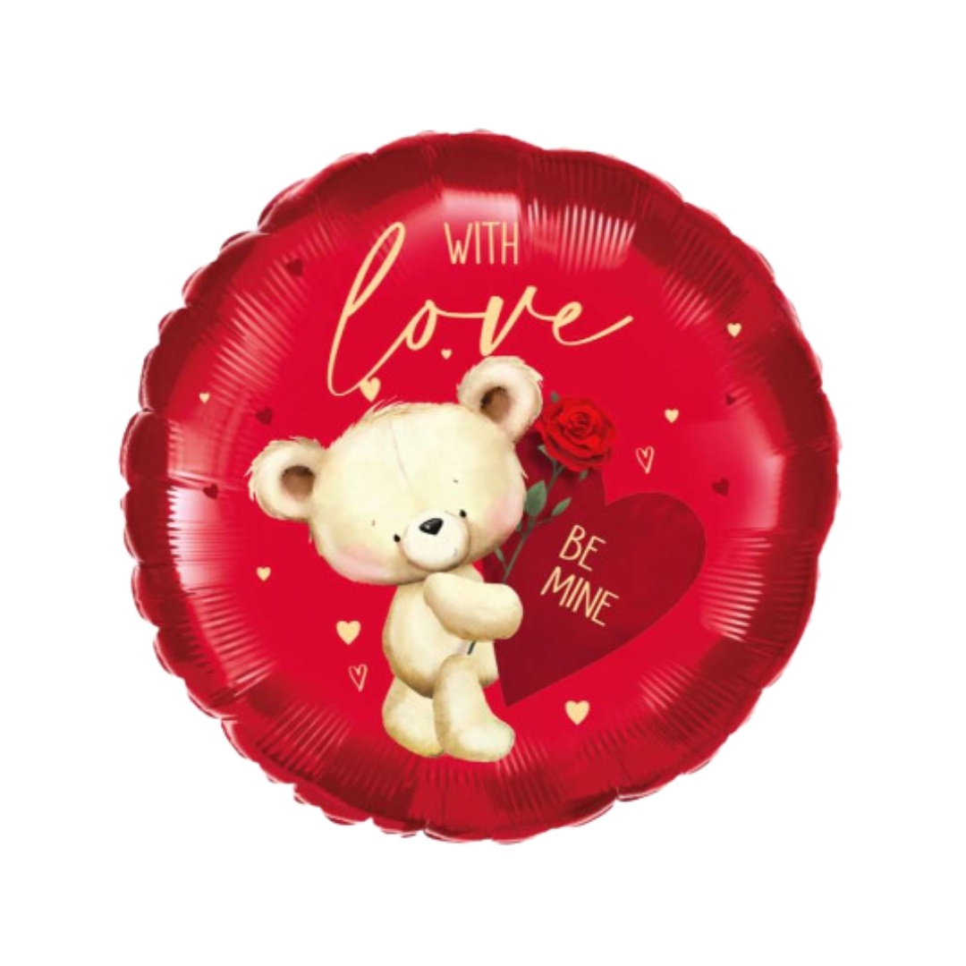 Balon din folie, pentru ziua îndrăgostiților, model ursuleț, formă rotundă, 45.7 cm