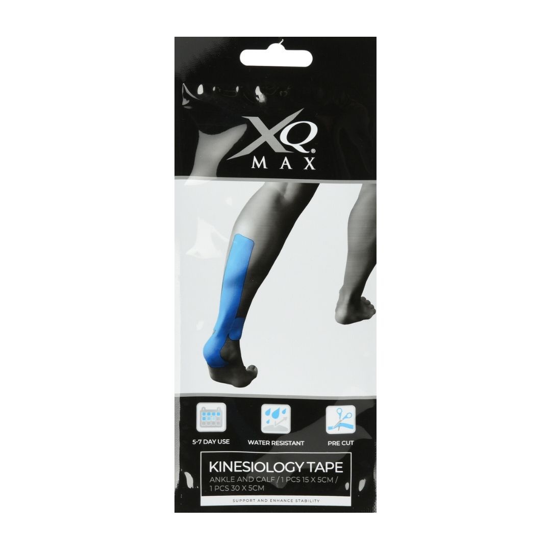 Bandă Kinesiologică, XQ Max, pretăiată, impermeabilă, pentru ameliorarea durerii, gleznă și gambă, 15x5 cm si 30x5 cm, culoare albastru, 2 bucăți