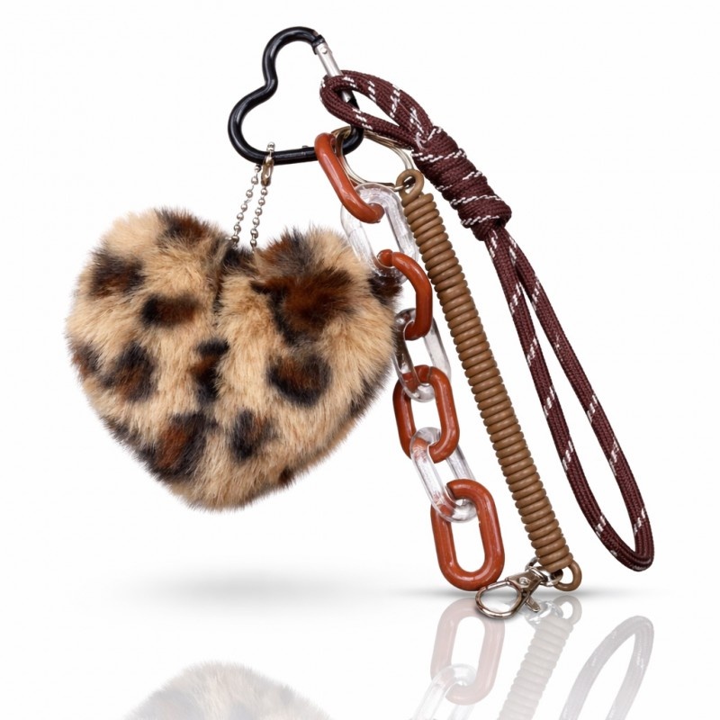 Breloc inimă pluș leopard, cu carabină și lanț decorativ, eCarla,…