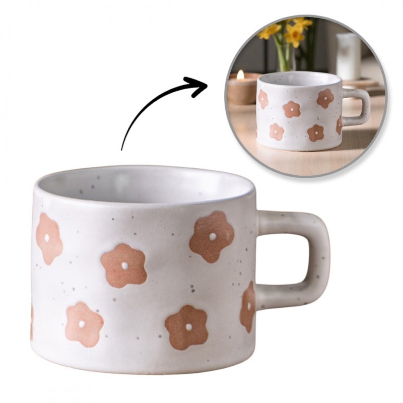 Cană ceramică, cu imprimeu bej, model floral retro, 250 ml, eCarla,…