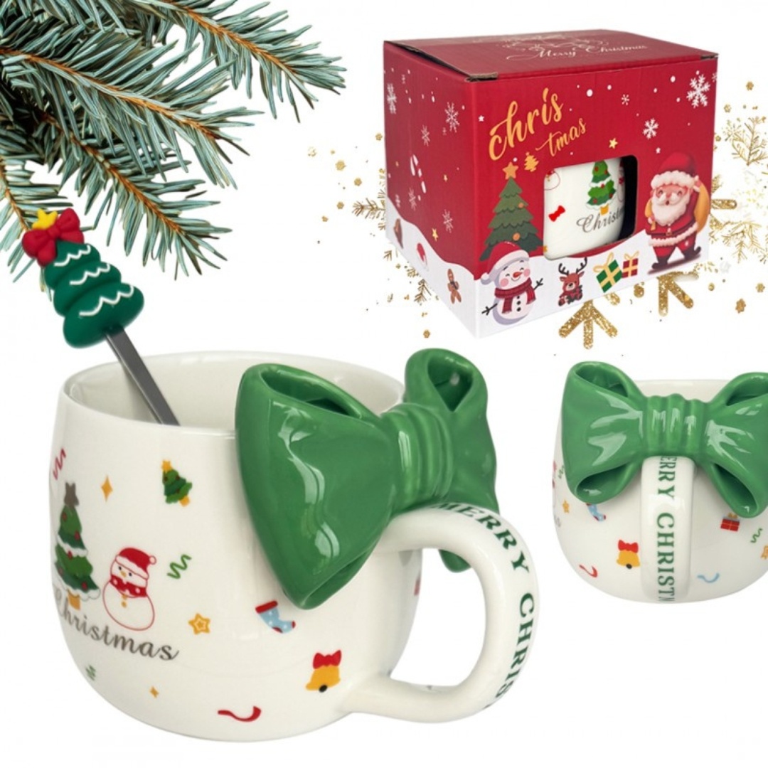 Cană ceramică, de Crăciun, cu fundă verde și linguriță, 400ml,…