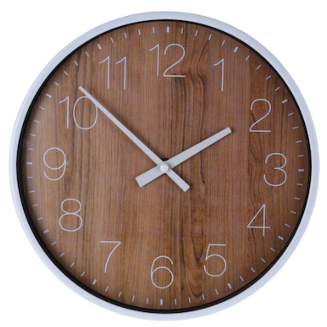 Ceas decorativ de perete, cu aspect de lemn și ramă albă, 25cm, design modern