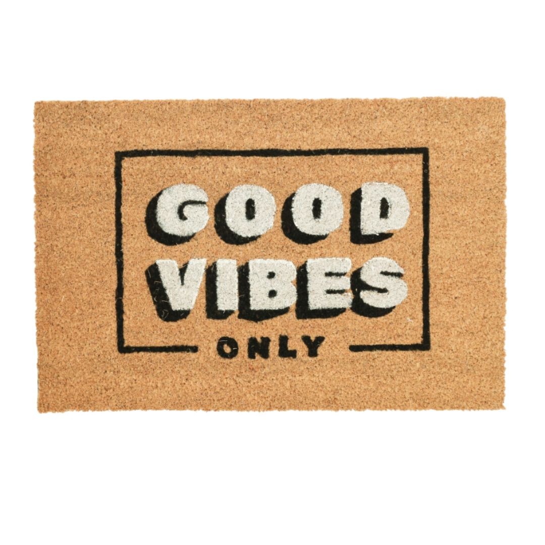 Covor intrare din fibră de cocos 39x59 cm, cu mesaj Good Vibes Only