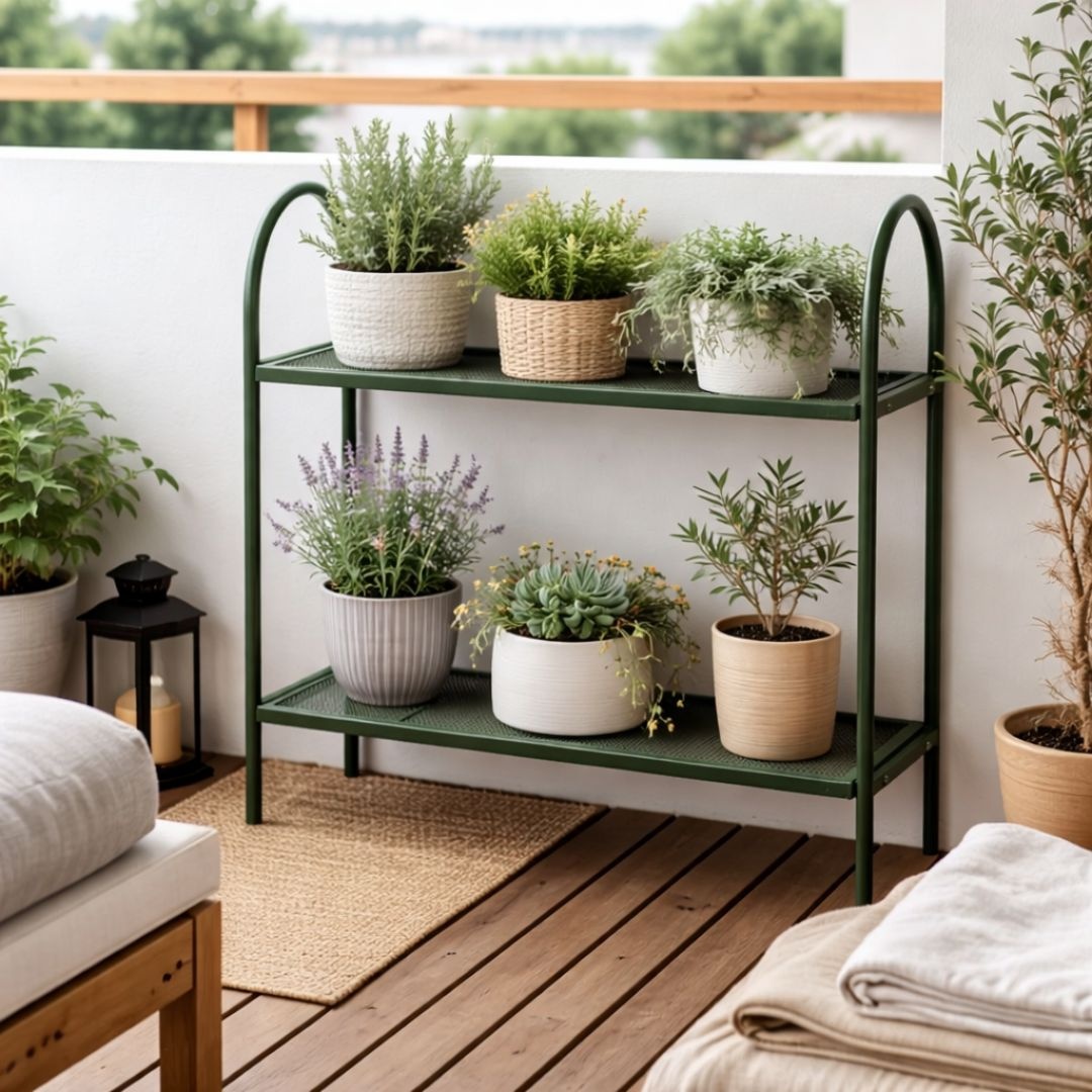 Etajeră pentru balcon și terasă, cu 2 polițe, din metal culoarea verde închis, 60x22x58 cm
