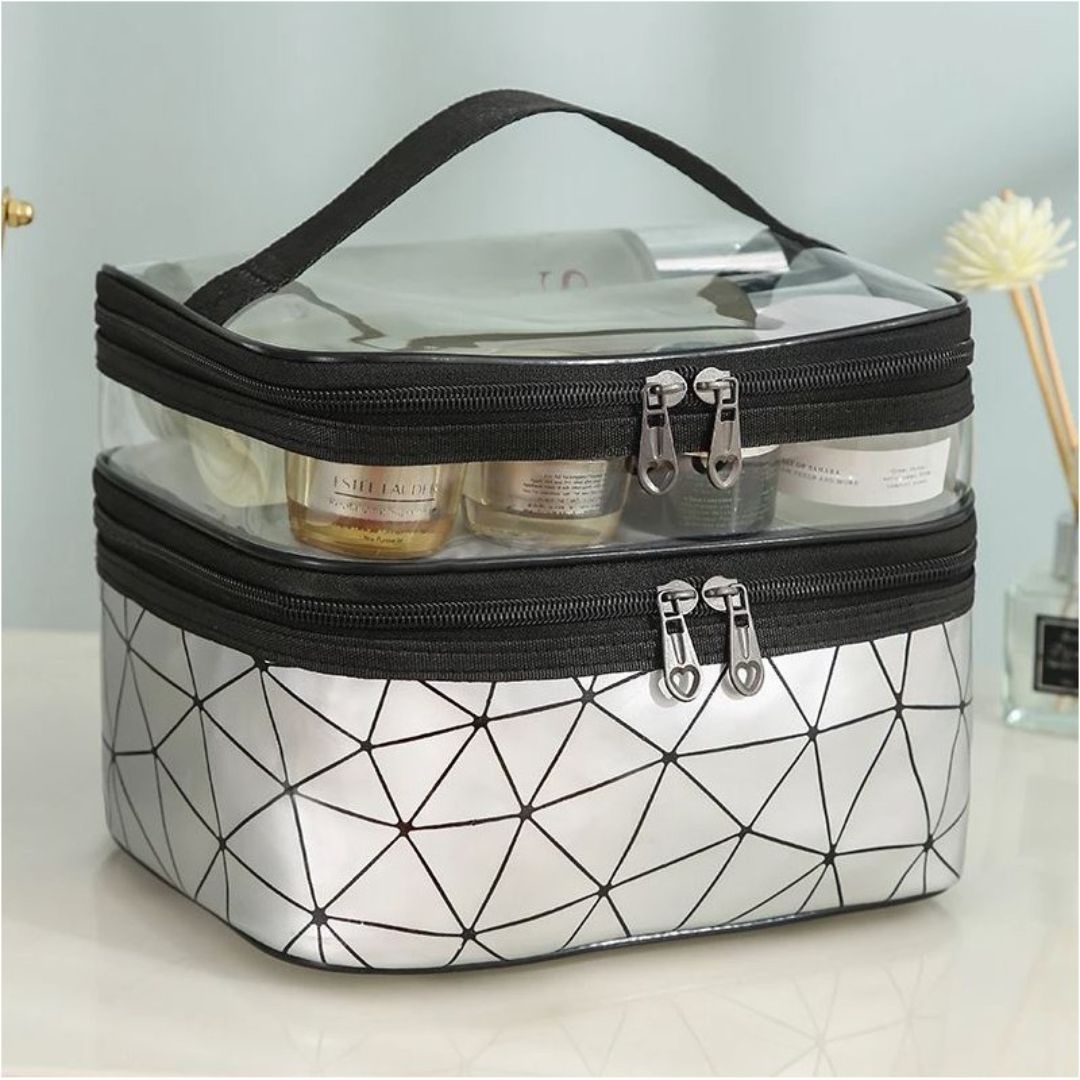 Geantă pentru cosmetice, pliabilă, 2 compartimente, model geometric,…