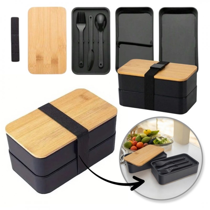 Lunch box dublu, 1.3 l, cu capac din bambus și tacâmuri incluse, 2…