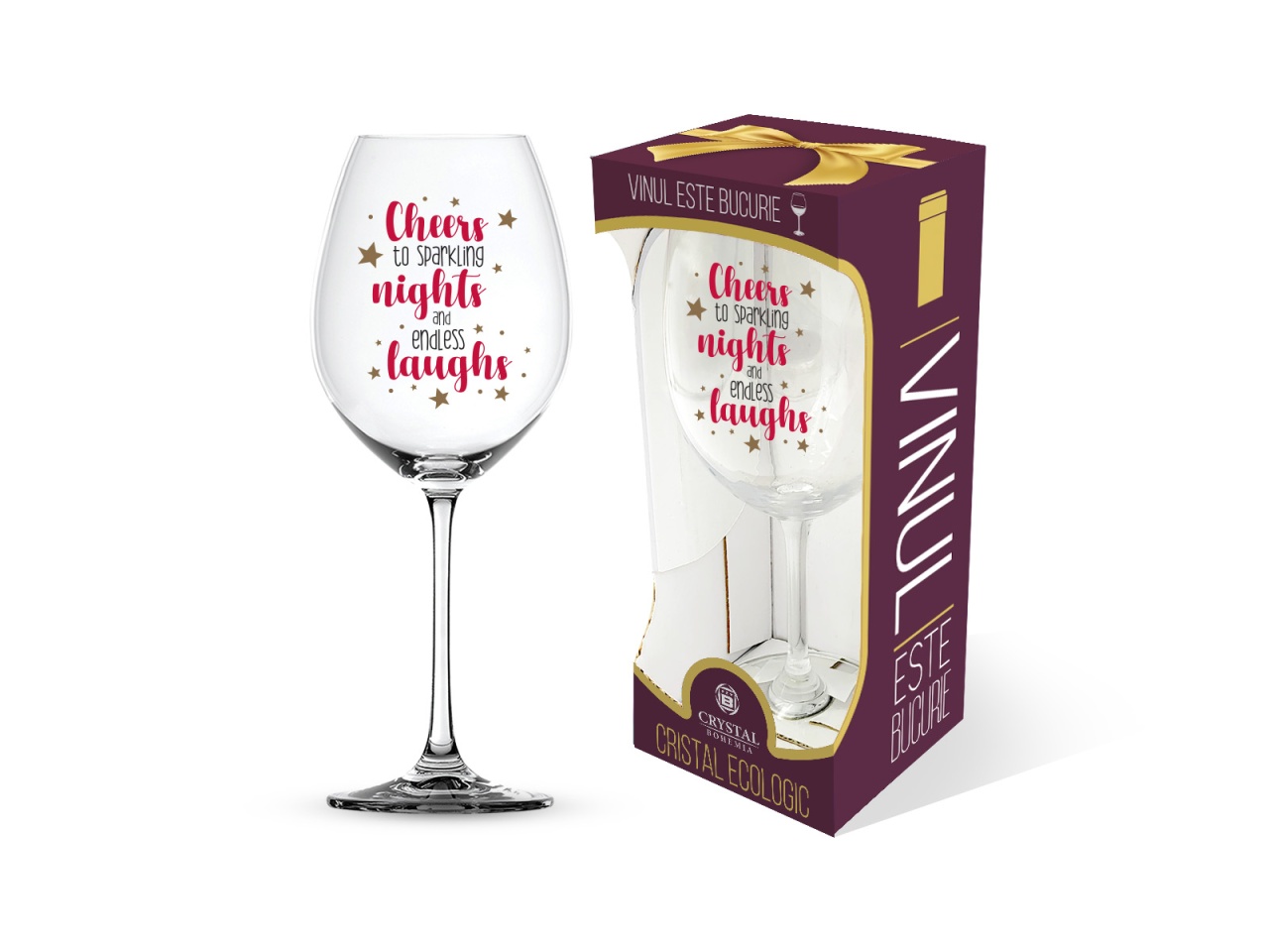 Pahar pentru vin, mesaj amuzant "Cheers to sparkling nights and endless laughs"