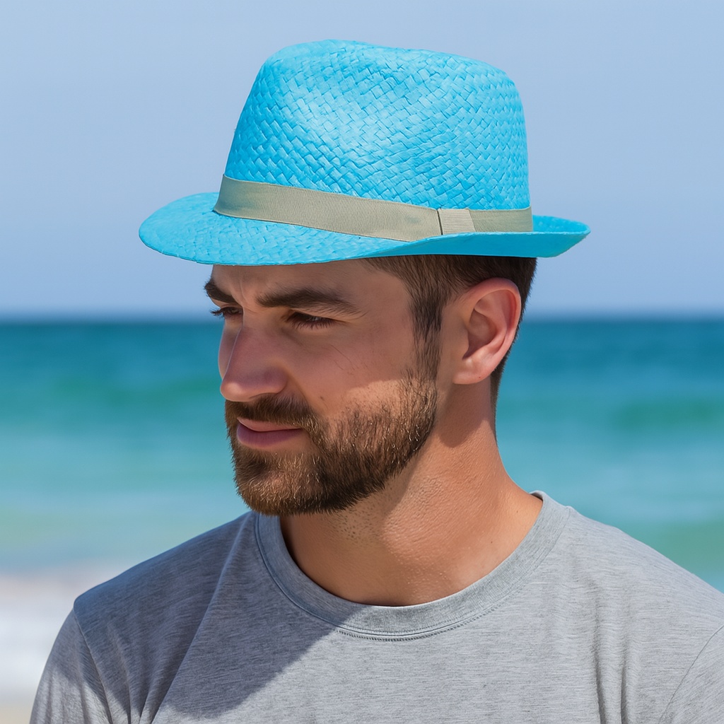 Pălărie de plajă bărbați Aristo, albastru, stil fedora, cu bandă bej, ușoară și respirabilă, protecție solară, diametru 27 cm