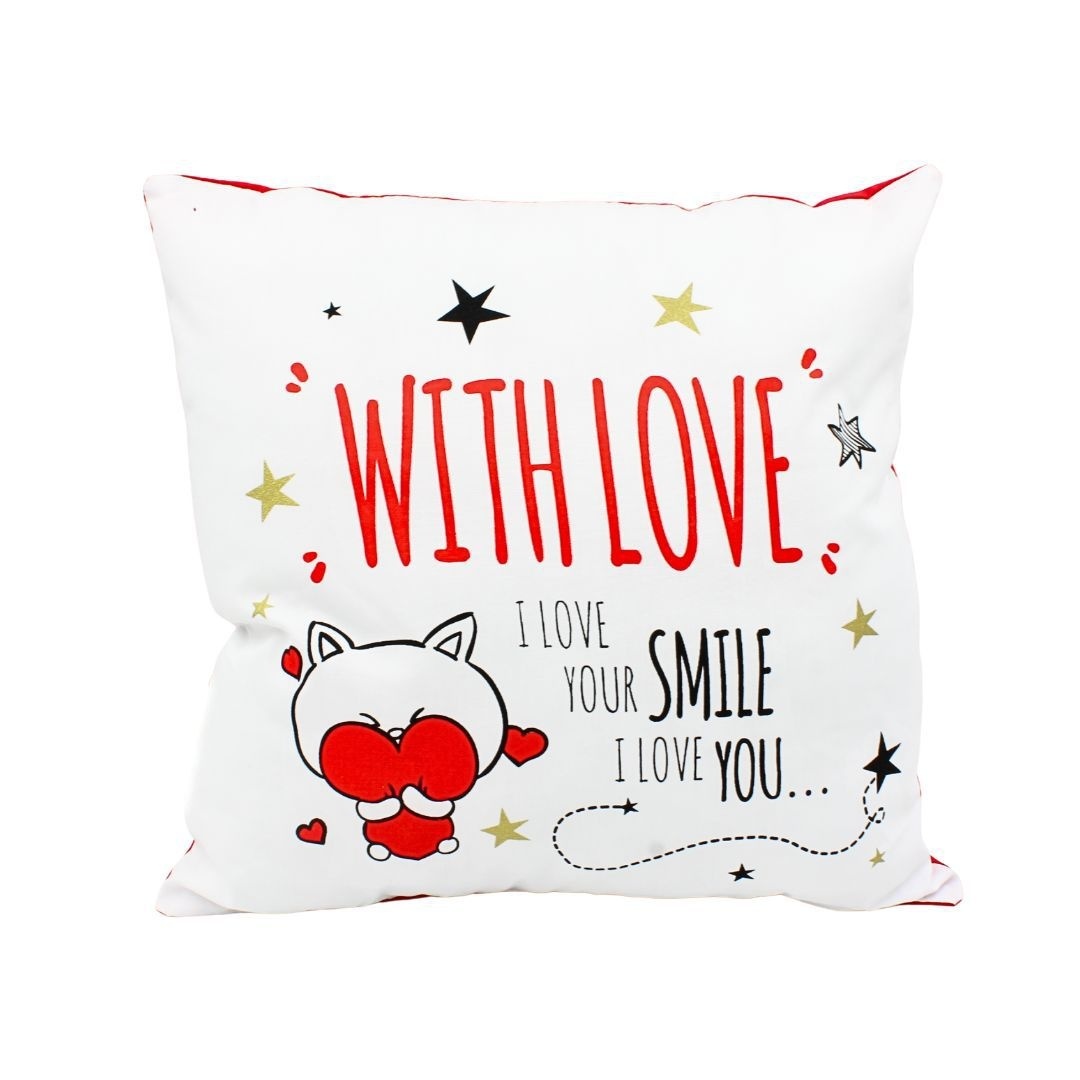 Pernă personalizată cu mesaj, Nekupto - "With Love / I Love Your Smile", 30x30 cm, bumbac